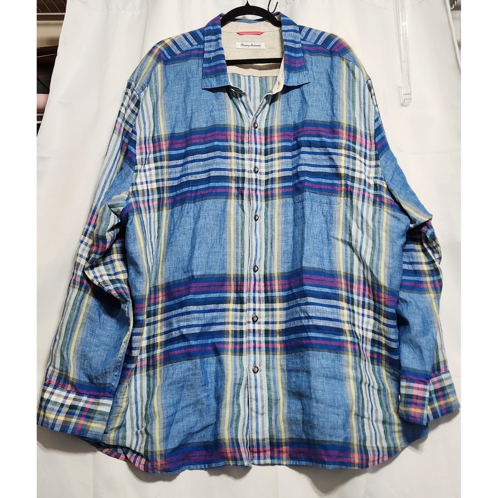 Tommy Bahama Mens XXXL Blue Plaid Linen Blend Long Sleeve Button Down Shirt